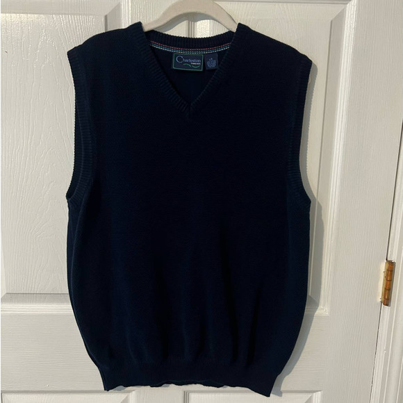 Men's CHARLESTON THREAD V Neck 100% Cotton Navy Blue‎ Sweater Vest Size Large - Picture 1 of 5